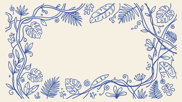 Hand drawn tropical leaf frame with monstera and palm foliage line art blue botanical border on beige background with central copy space