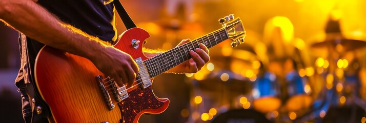 Naklejka premium Close up of a guitarist playing an electric guitar during a live concert, creating an energetic and passionate performance with warm stage lights in the background