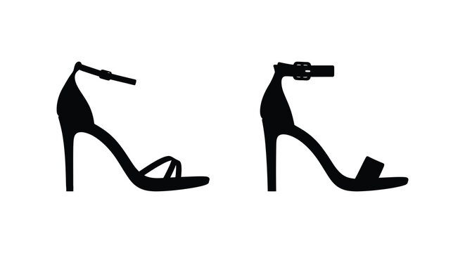Two black high heeled sandals are depicted as a stark silhouette against a white background heels