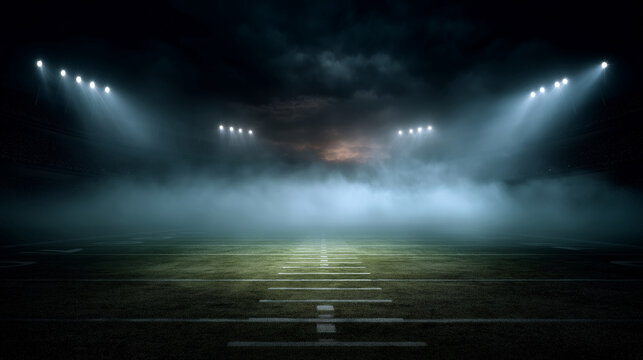 Empty American football stadium at night with bright spotlights illuminating the field and fog.