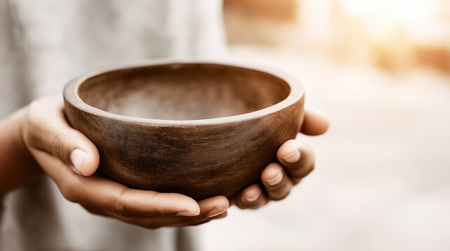 Human hands holding an empty wooden bowl, conveying concepts of deprivation, famine, charity, and the global food crisis