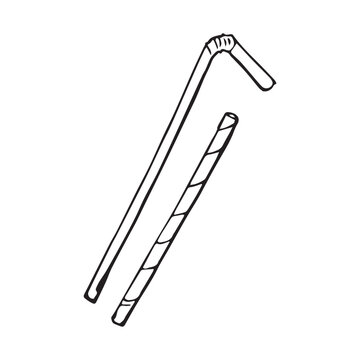 Two drinking straws doodle, black ink sketch. Striped spiral and flexible bendy straw, cocktail bar element, hand drawn vector isolated white background.