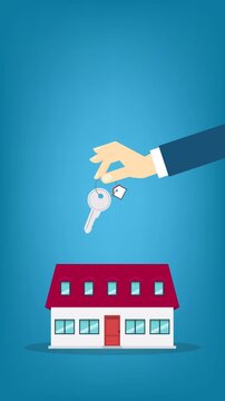 Hand holding key over the house. Real estate property ownership. 4K video animation. 