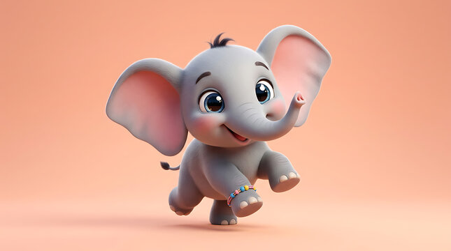 Adorable 3D cartoon baby elephant walking in soft pastel pink background with playful expression