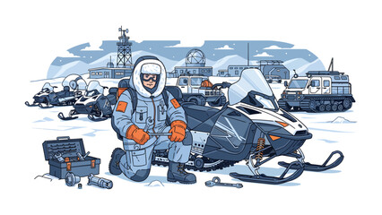 Arctic Expedition Preparation: A determined explorer in cold-weather gear kneels beside a snowmobile, surrounded by an arctic research base and various vehicles. © Nirob