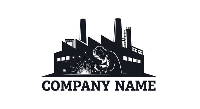 Welder working in front of factory silhouette, sparks flying, industrial logo concept