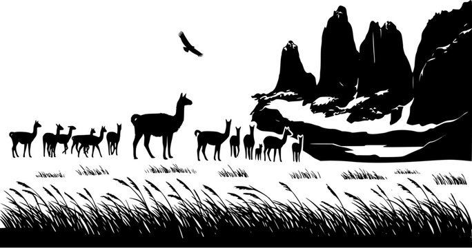 Herd of guanacos with an Andean condor in front of Patagonia mountain peaks and pampas grass