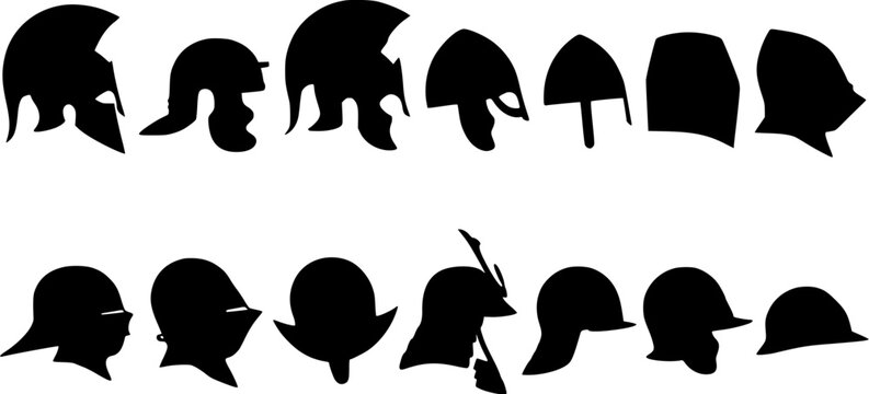 Set of ancient historical military helmet silhouettes including spartan, roman and medieval designs isolated on white background