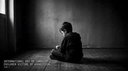 Sad child sitting alone on the floor in a dark room on international day of innocent children victims of aggression