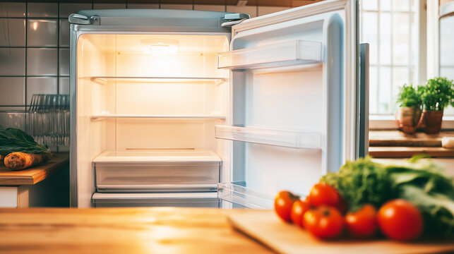 Open empty refrigerator glowing with cold light in a kitchen, symbolizing economic decline and food scarcity