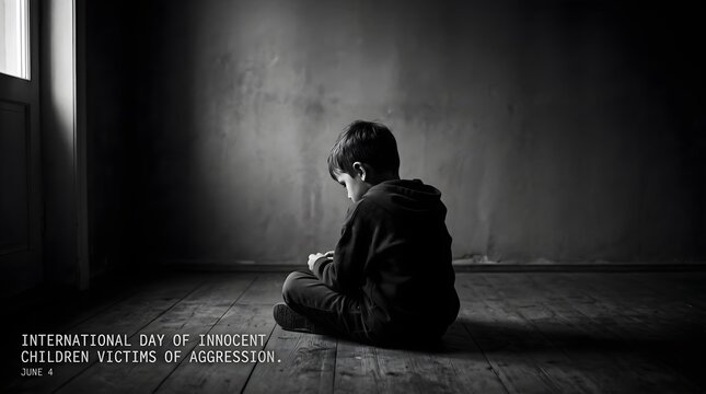 Sad child sitting alone on the floor in a dark room on international day of innocent children victims of aggression