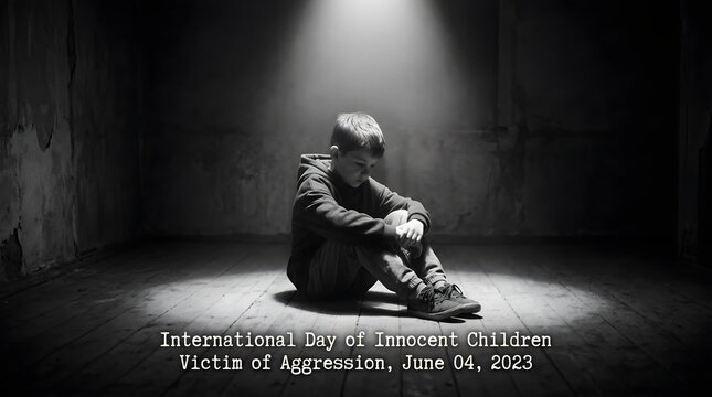 Sad child sitting alone in dark room on international day of innocent children