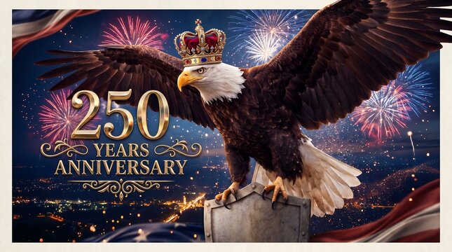 Bald eagle wearing crown on pedestal with fireworks display at night 250 years ,anniversary  american