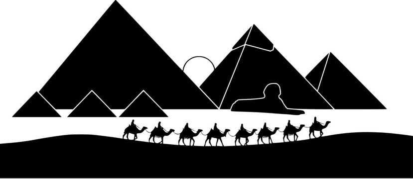 Silhouette of a caravan of camels trekking through the desert with the great pyramids and sphinx in the background.