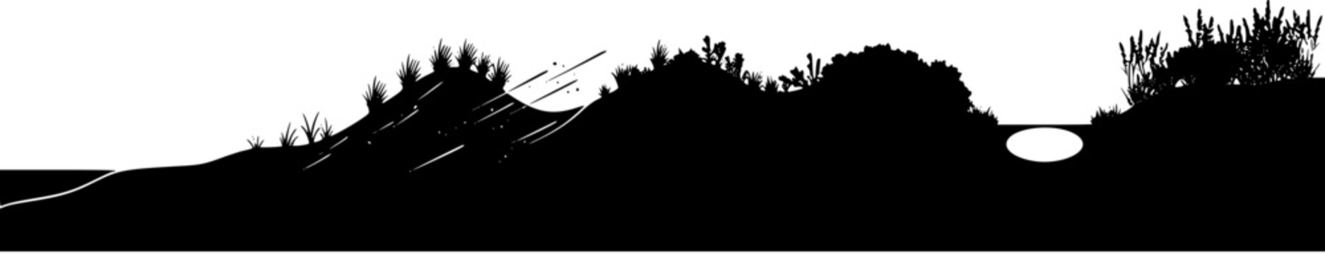 Silhouette landscape with coastal sand dunes and native vegetation featuring a small bridge
