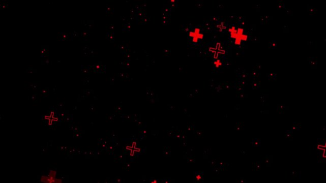 plus symbol particle burst background pattern animation loop, falling stars space station video background. plus icon mathematical scientific background