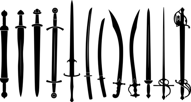 Set of diverse historical sword silhouettes including medieval longswords, curved sabers, and rapier blades