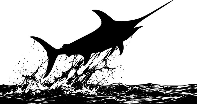 Black silhouette of a jumping swordfish splashing out of ocean waves