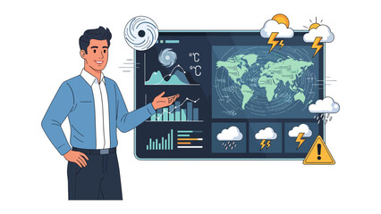 Meteorologist Presents Weather Forecast: A man stands next to a large screen displaying a global weather map with various icons representing different weather conditions such as sunshine, rain. © hasnat
