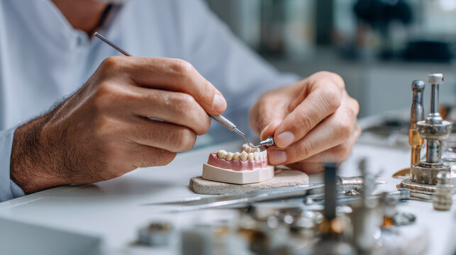 A dental technician makes dental prostheses on a model, a close-up of the work on restoration of dentures and implants