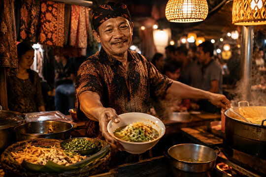 Authentic Indonesian Street Food Soto Ayam at Traditional Night Market, Warm Lantern Light