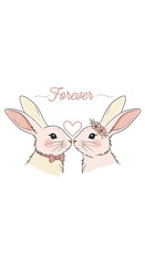 Fototapeta premium Cute Couple Bunnies Kissing Forever Heart Romantic Illustration