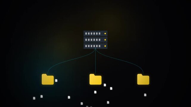 Main computer server processing and distributing white data sheets down to folders in abstract flat vector design over dark background for data classification automatic backup and local file indexing