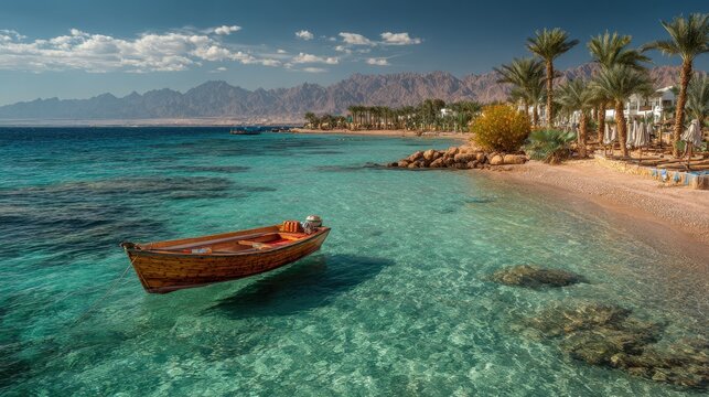 Red Sea coastline at dawn in Sharm El Sheikh, Sinai, turquoise water and palm-fringed beach
