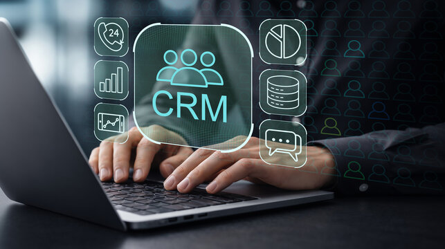 Client management system, CRM software with customer support and sales analytics interface, businesswoman using laptop for client relationship management