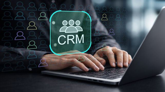 CRM platform interface, customer management dashboard with client communication tools, businesswoman using laptop for CRM workflow