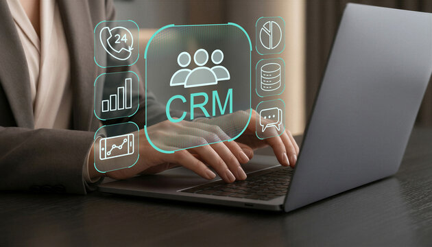 CRM software dashboard, client relationship management interface with sales and support analytics, businesswoman using laptop for customer workflow