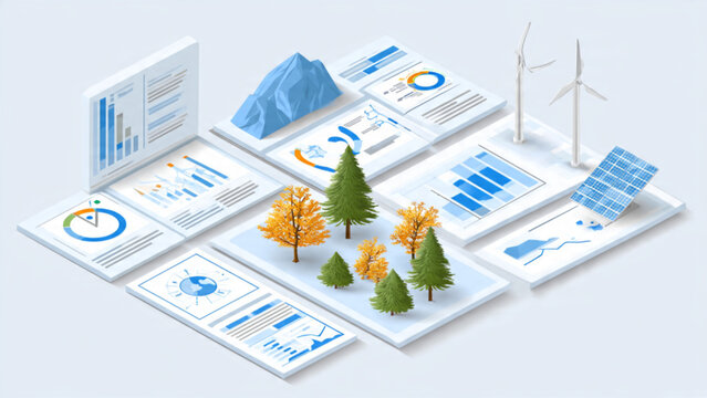 Environmental sustainability concept with charts trees wind turbines and solar panels in high-tech blue and green tones
