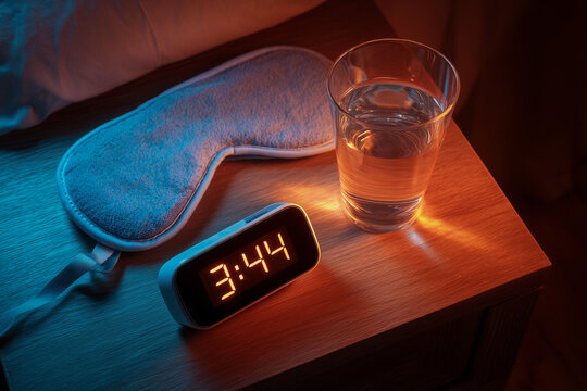 Bedside Table at 3AM with Digital Clock Sleep Mask and Water Glass in Dual Tone Light Insomnia Concept