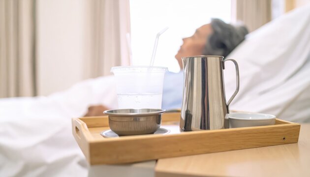 A medical tray with a metal pitcher, plastic cup, bowl, and straw for a patient in a hospital room