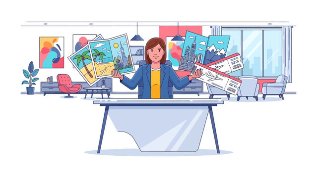 Travel Dreams Unveiled: A woman proudly presents a collection of vibrant travel postcards and tickets, symbolizing the excitement and planning stages of a memorable vacation.
