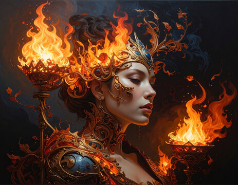 Fantasy woman with fiery crown and torches