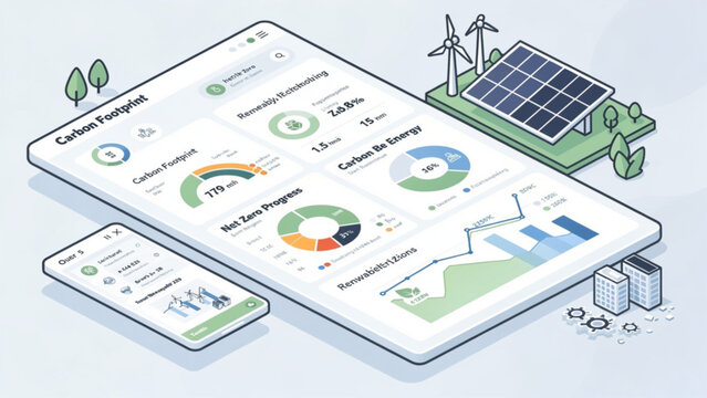 Smart energy app interface displaying solar power, wind turbines, charts, and data analytics for renewable energy management