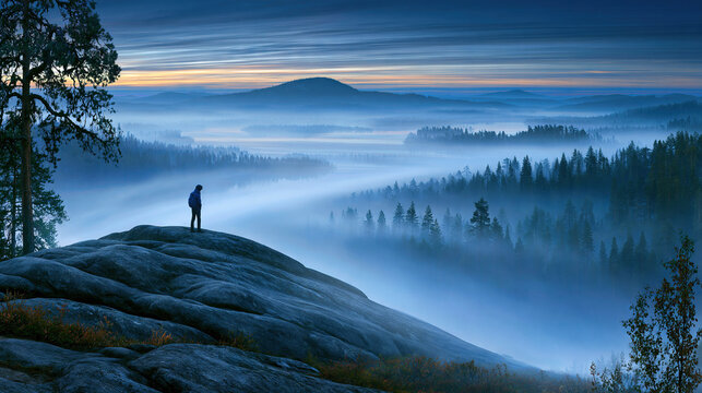 Person standing on rocky outcrop in misty forest at dawn