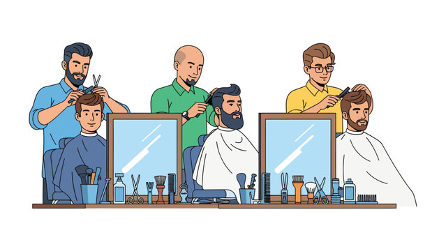 Barbershop Scene: Three barbers meticulously attend to their clients, showcasing the art of hairstyling and grooming in a bustling barbershop environment.