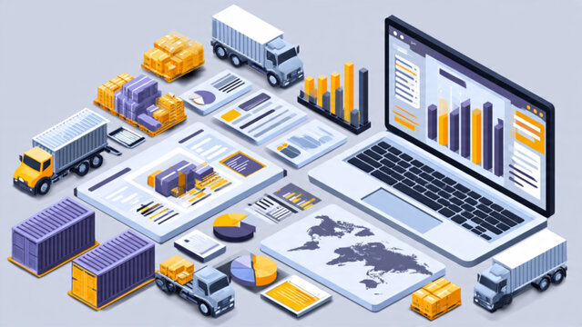 Logistics and supply chain management with cargo trucks, containers, data charts and digital analysis in a modern warehouse setting