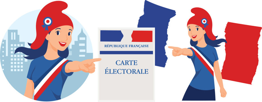 &Eacute;lections municipales et pr&eacute;sidentielle, Marianne fran&ccedil;aise coiff&eacute;e du bonnet phrygien montrant une carte d&rsquo;&eacute;lecteur, illustration infographique sur le vote et la d&eacute;mocratie en France.