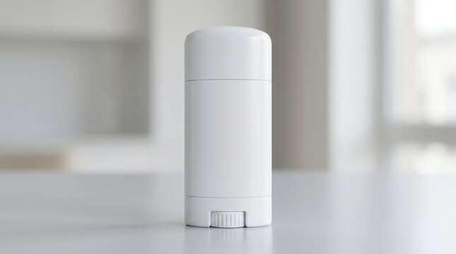 A clean, unbranded white deodorant stick stands upright on a bright, reflective surface.