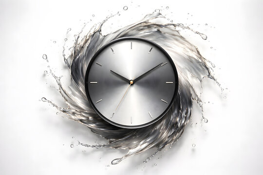 Dramatic Silver Analog Clock Surrounded by Dynamic Water Splash Swirl on White Background