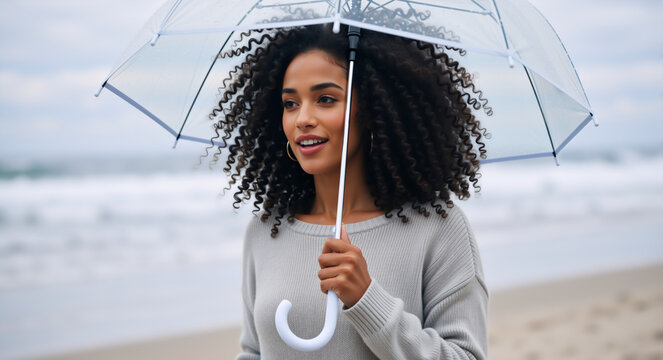 Thoughtful woman with curly hair holding a clear umbrella on an overcast beach. Solitude by the ocean