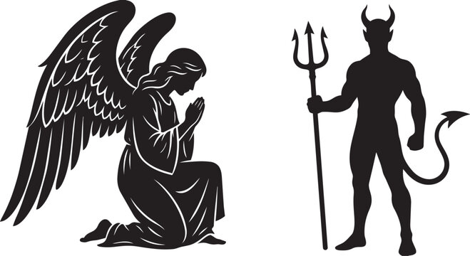 Angel and devil black silhouettes with wings and trident vector set
