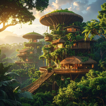 Fantasy treehouse village built into giant mushroom-shaped structures