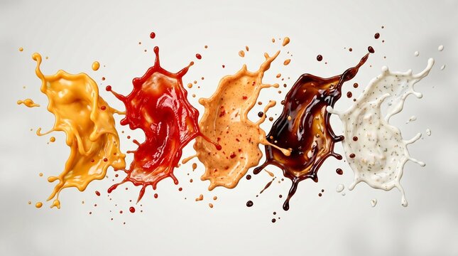 A vibrant and dynamic display of various culinary liquid splashes, showcasing an appetizing spectrum of rich colors and fluid textures in motion