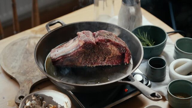 Hand lifts seared ribeye steak from hot pan. Steam rises as meat glistens with rendered fat. Ingredients like rosemary and garlic surround cooking scene. Ideal for food blogs, restaurant promotions