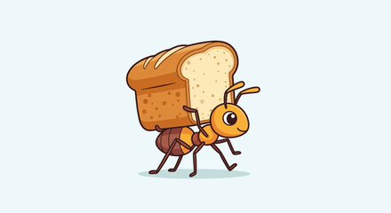 Fototapeta premium Cartoon Ant Carrying a Slice of Bread