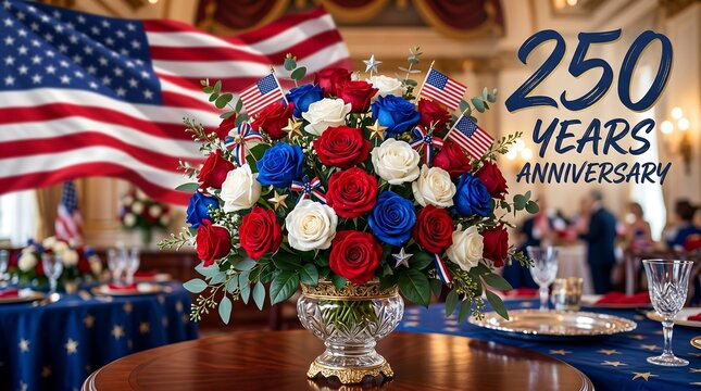 Patriotic bouquet of roses on table with american flag for 250 years anniversary